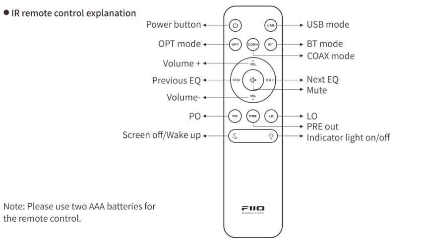 K13 R2Rの赤外線リモコンの説明 – FIIO